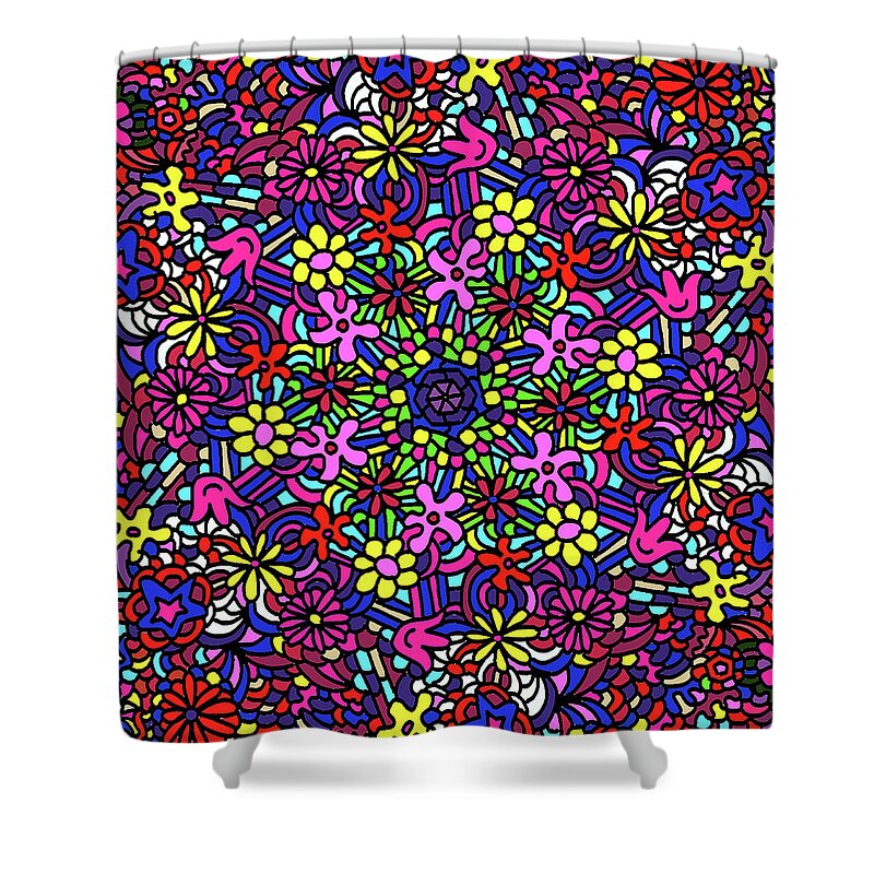 Gravityx9 Shower Curtain featuring the mixed media Flower Power Doodle Art by Gravityx9 Designs