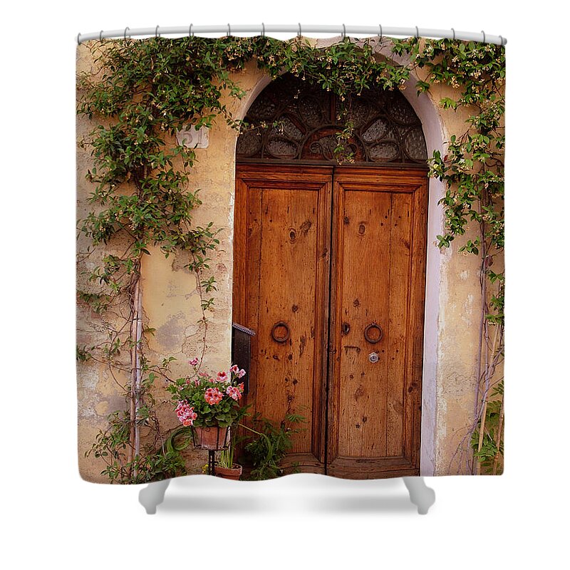 Tuscany Shower Curtain featuring the photograph Flowered Tuscan Door by Donna Corless