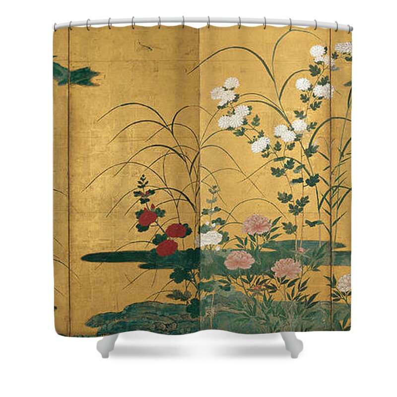 Flowers And Grasses Of The Four Seasons Shower Curtain featuring the painting Flowers and Grasses of the Four Seasons by MotionAge Designs