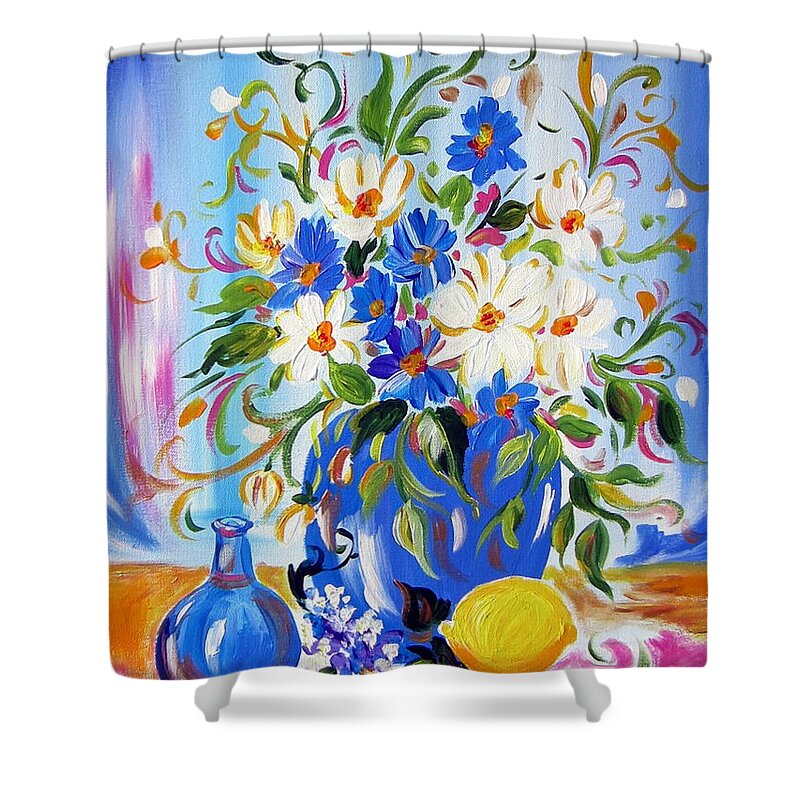 Flowers Shower Curtain featuring the painting Flowers and lemon by Roberto Gagliardi