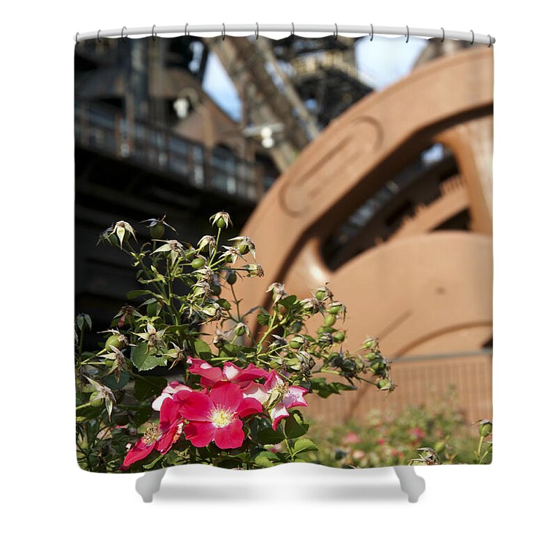 Bethlehem Steel Shower Curtain featuring the photograph Flowers and Steel by Michael Dorn
