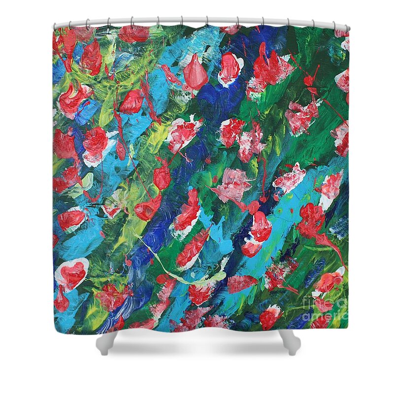 Flowers In The Sea   Bliss Contentment Delight Elation Enjoyment Euphoria Exhilaration Jubilation Laughter Optimism  Peace Of Mind Pleasure Prosperity Well-being Beatitude Blessedness Cheer Cheerfulness Content Shower Curtain featuring the painting Poppies by Sarahleah Hankes
