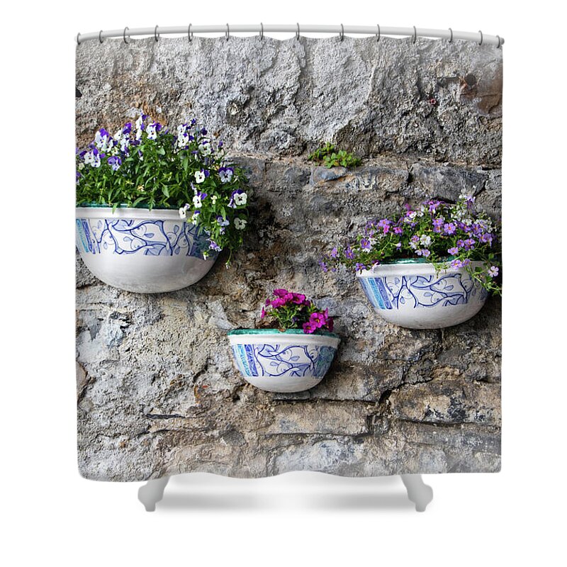 Flowers On An Old Stone Wall Shower Curtain featuring the photograph Flowers on an Old Stone Wall by Carolyn Derstine