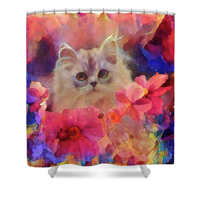 Flowery Kitty Shower Curtain featuring the mixed media Flowery Kitty by Lilia S