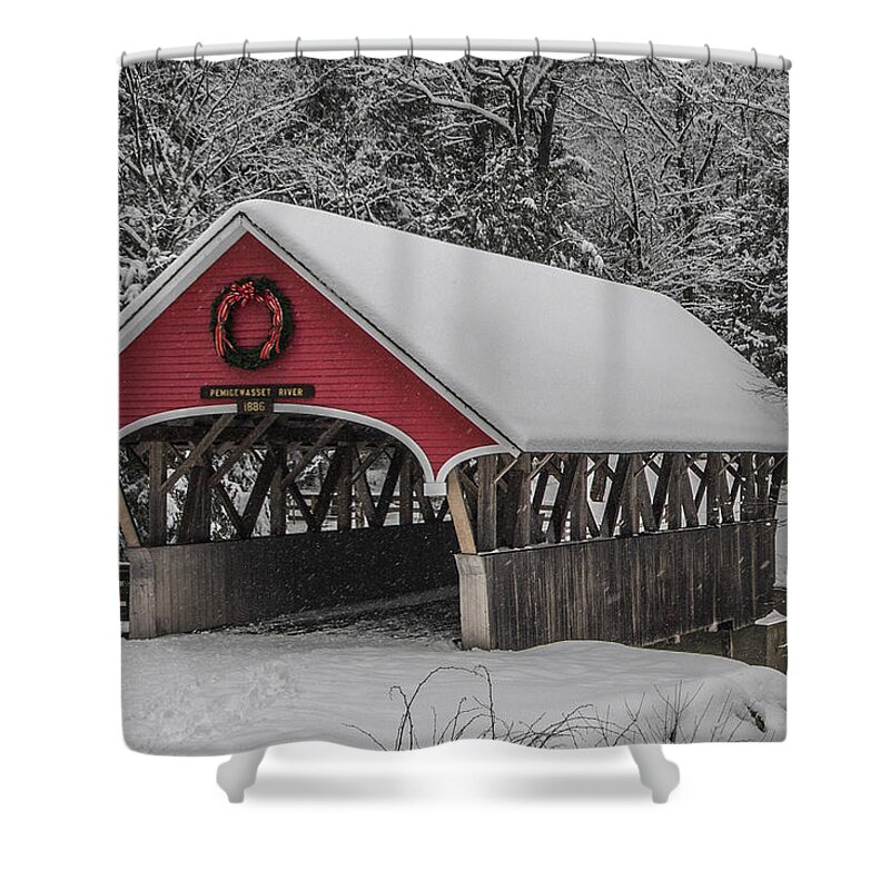 Flume Shower Curtain featuring the photograph Flume Covered Bridge in Winter by White Mountain Images