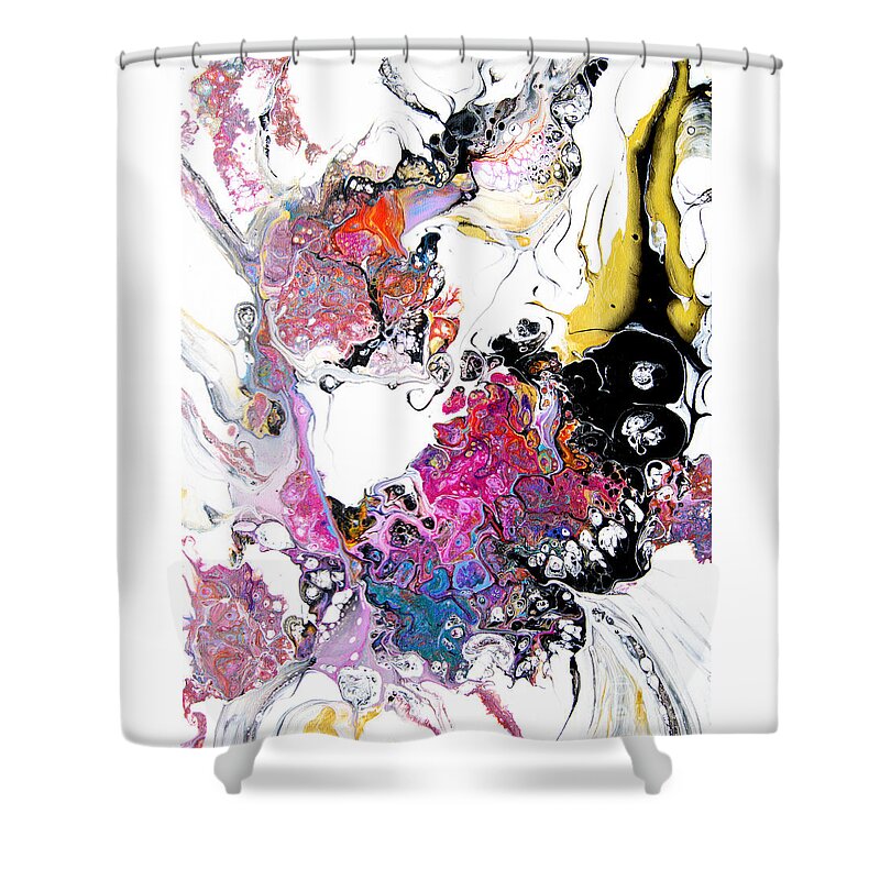 Original Artwork Fun Colorful Dramatic Organic Compelling Vibrant Dynamic Pinks Blues Orange Black And White Shower Curtain featuring the painting Flutterby Flower #2204 by Priscilla Batzell Expressionist Art Studio Gallery