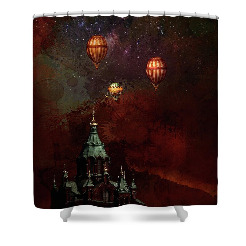 Sweden Shower Curtain featuring the digital art Flying Balloons over Stockholm by Jeff Burgess
