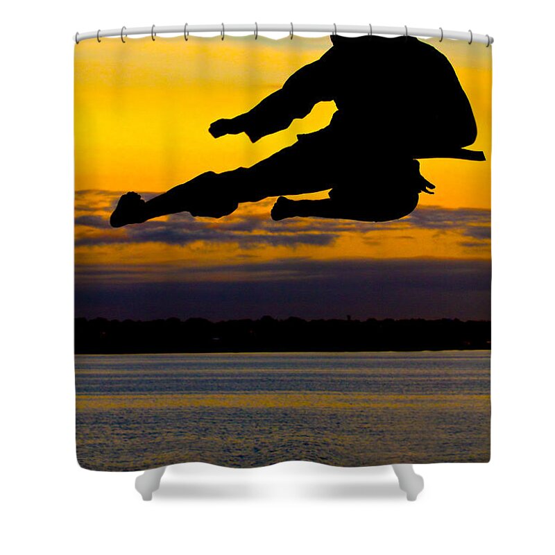 Photography Shower Curtain featuring the photograph Flying Kick over Muskegon Lake by Frederic A Reinecke