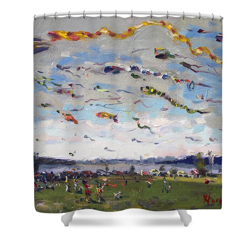 Flying Kites Shower Curtain featuring the painting Flying Kites over Gratwick Park by Ylli Haruni