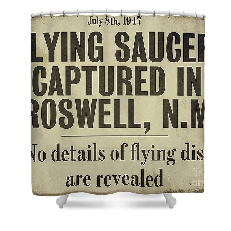 Flying Saucer Roswell New Mexico Shower Curtain featuring the painting Flying Saucer Roswell Newspaper by Mindy Sommers