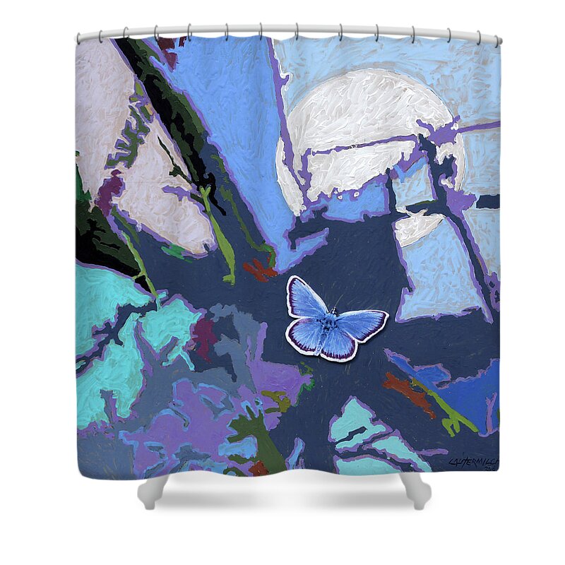 Moon Shower Curtain featuring the painting Flying Towards The Light by John Lautermilch