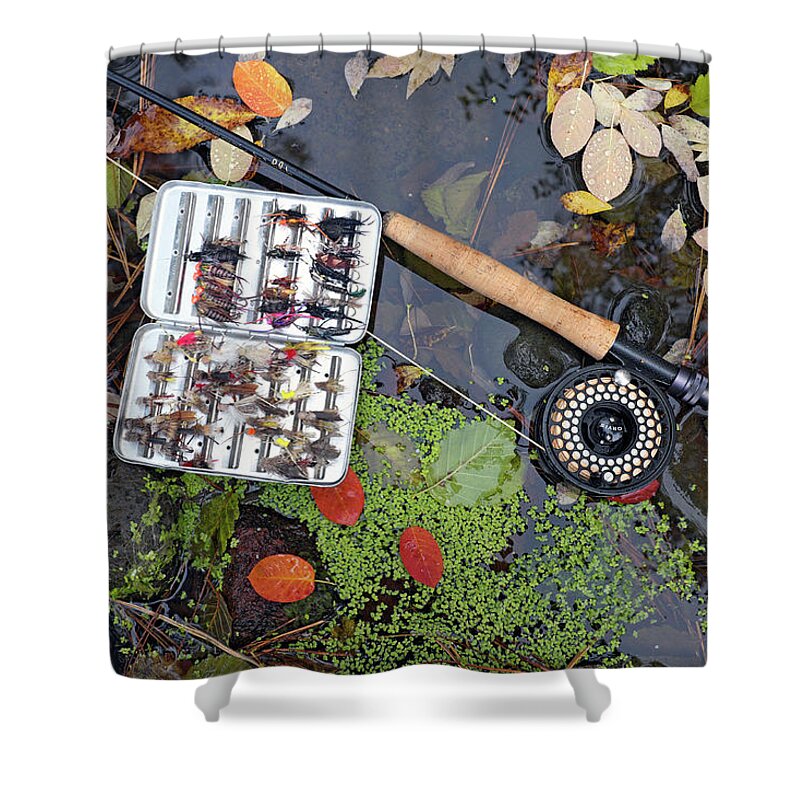 Fly Shower Curtain featuring the photograph Flyrod and flybox by Buddy Mays