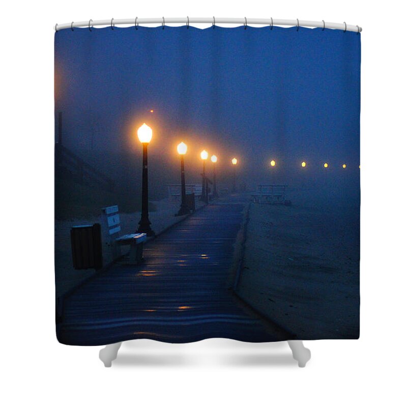 Algoma Shower Curtain featuring the photograph Foggy Boardwalk Blues by Bill Pevlor