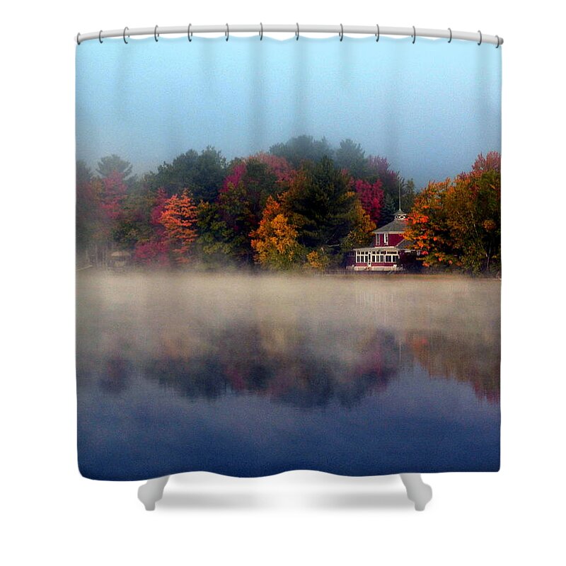 Poland Spring Shower Curtain featuring the photograph Foggy Fall Reflections by Colleen Phaedra