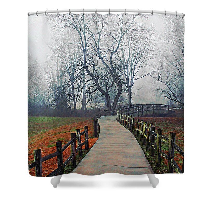 Tree Shower Curtain featuring the photograph Foggy Forevers by Jessica Brawley