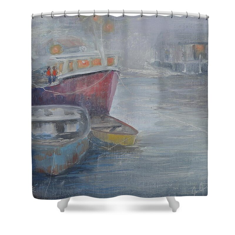 Fog Shower Curtain featuring the painting Foggy Peggy's Cove by Judy Fischer Walton