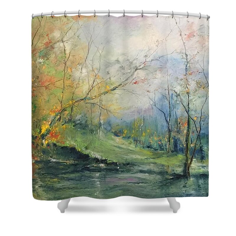 Autumn Shower Curtain featuring the painting Foliage Flames on the River by Robin Miller-Bookhout
