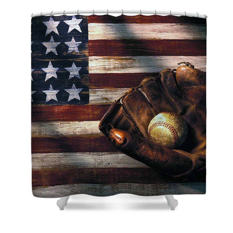 Folk Art American Flag Shower Curtain featuring the photograph Folk art American flag and baseball mitt by Garry Gay