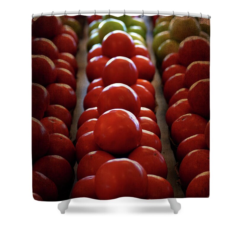 Tomatoes Shower Curtain featuring the photograph Food Tomatoes Marching Maters by Lesa Fine