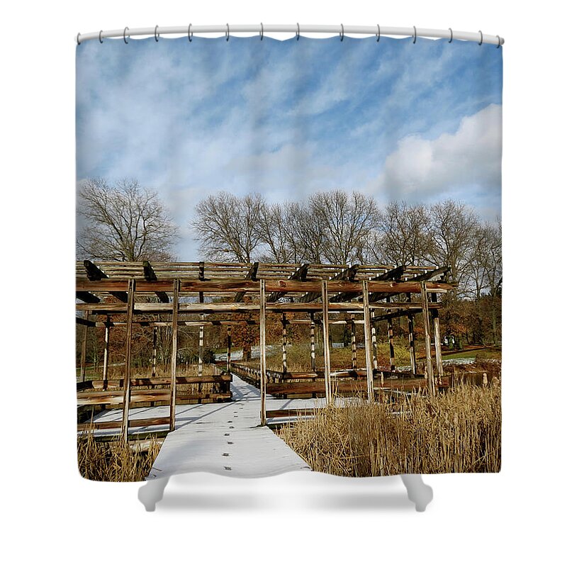 Sky Shower Curtain featuring the photograph Footprints in the Snow by Azthet Photography