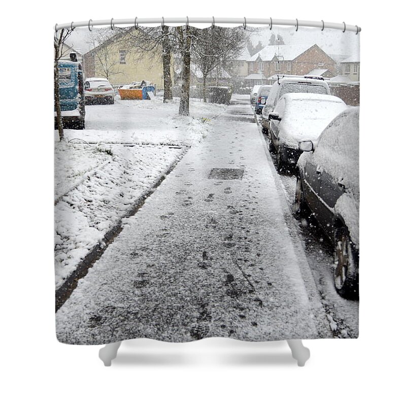 Snow Shower Curtain featuring the photograph Footsteps in the Snow by Andy Thompson