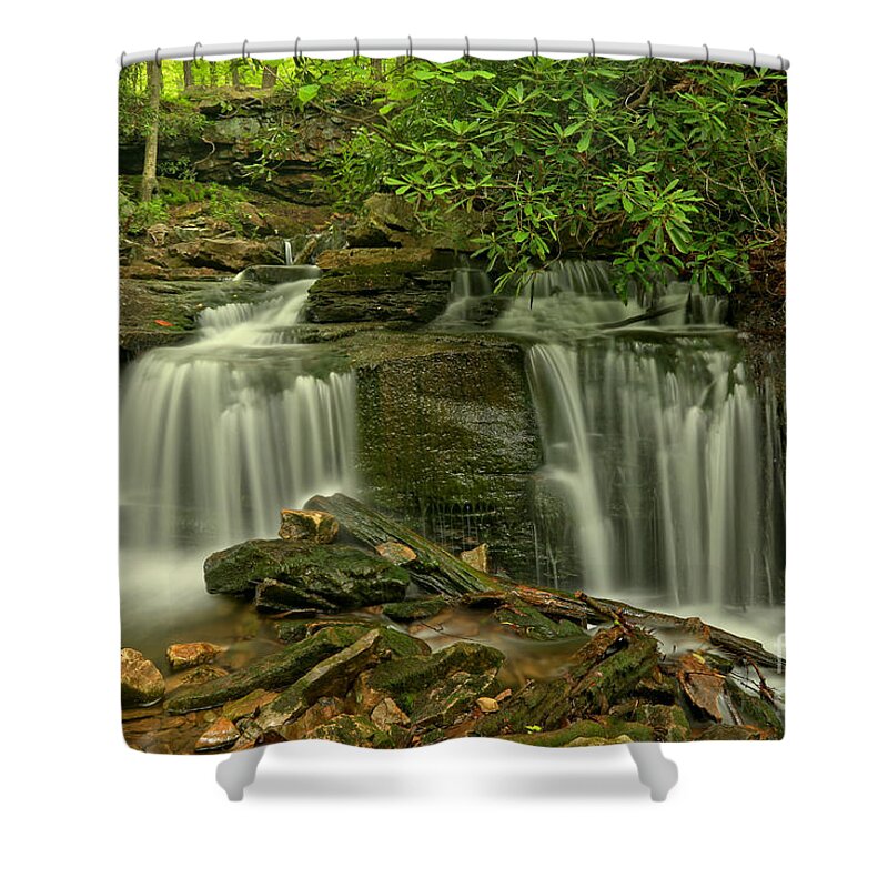 Cole Run Falls Shower Curtain featuring the photograph Forbes State Forest Twin Falls by Adam Jewell