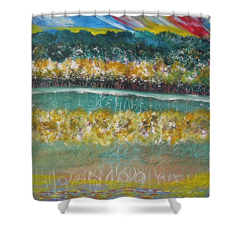 Abstract Shower Curtain featuring the painting Forest at the lake by Sima Amid Wewetzer