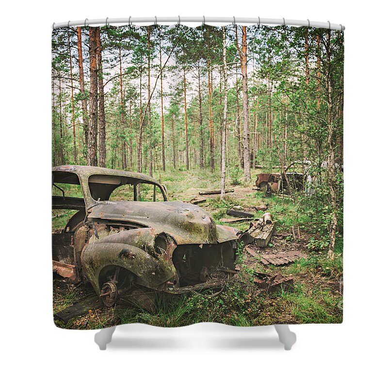 Vintage Shower Curtain featuring the photograph Forest car cemetery by Sophie McAulay