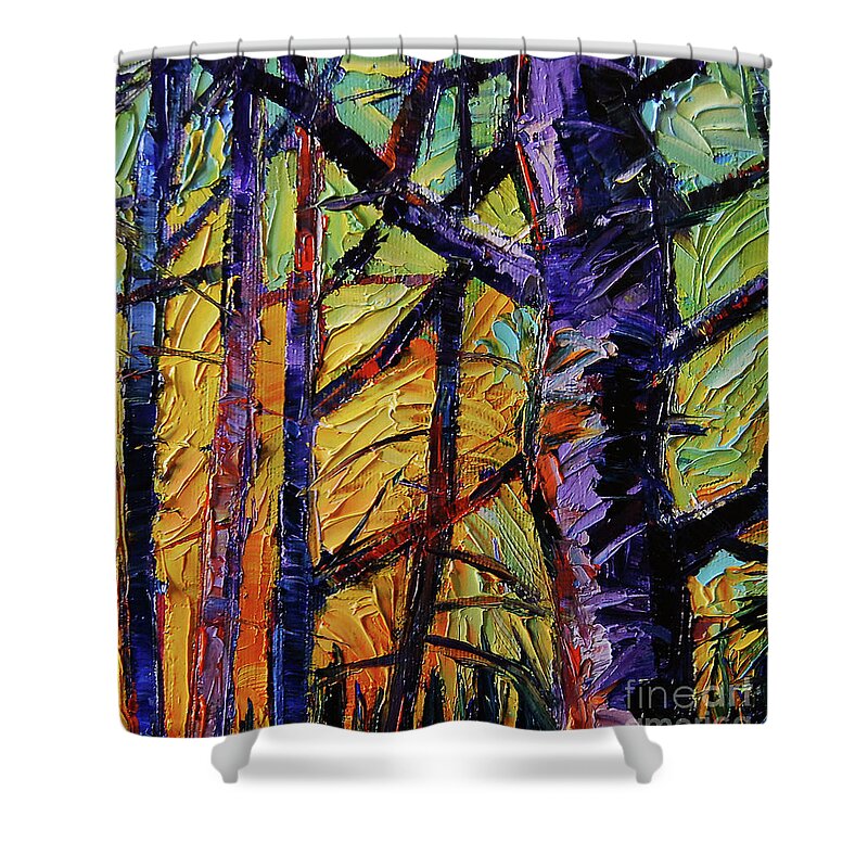 Layer Shower Curtain featuring the painting Forest layers 2 - modern impressionist palette knives oil painting by Mona Edulesco
