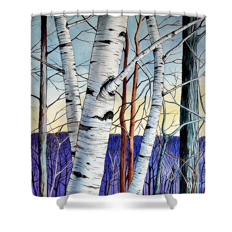 Birch Shower Curtain featuring the painting Forest of trees by Christopher Shellhammer