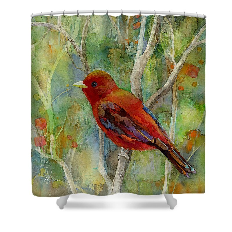 Redbird Shower Curtain featuring the painting Forest Serenity by Hailey E Herrera