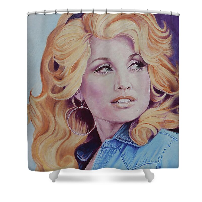 Dolly Parton Shower Curtain featuring the painting Forever Young - Dolly Parton by Maria Modopoulos