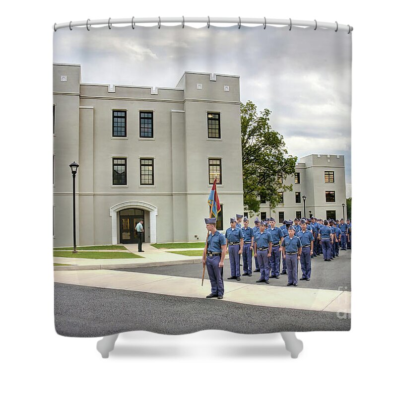 Fork Union Military Academy Charlie Company Entrance Grass Tree Building Barracks School Virginia Sky Blue Clouds Cloudy Cadets Company Road Virginia Private Shower Curtain featuring the photograph Fork Union Military Academy Charlie Company Entrance by Karen Jorstad