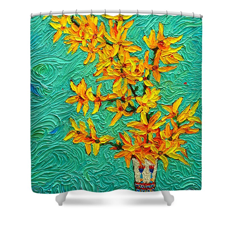 Spring Shower Curtain featuring the painting Forsythia Vibration Modern Impressionist Flower Art Palette Knife Oil Painting By Ana Maria Edulescu by Ana Maria Edulescu