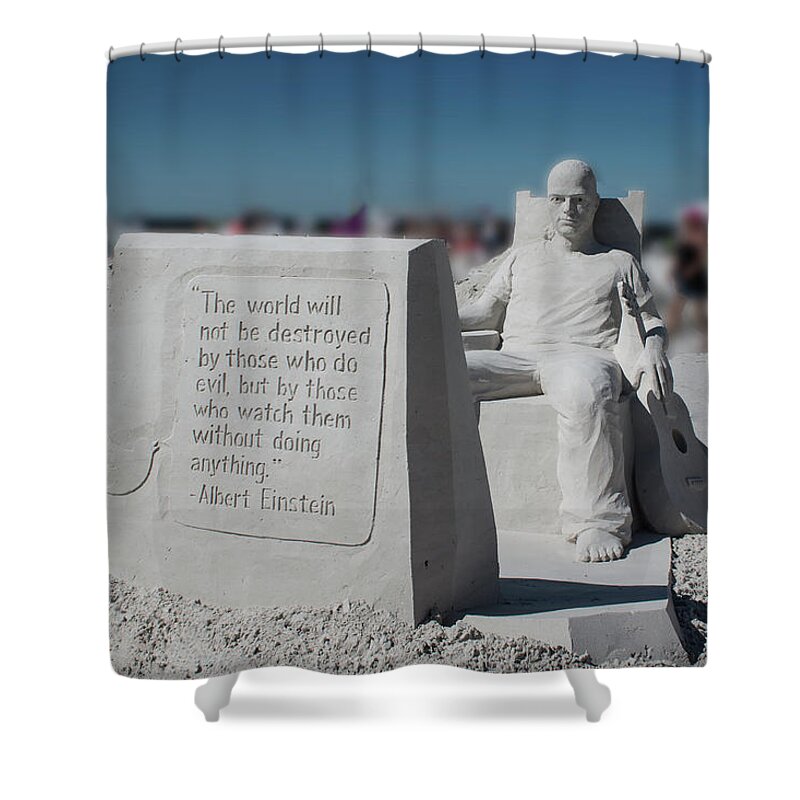 Florida Shower Curtain featuring the photograph Fort Myers Beach Sand Sculpting - Albert Einstein's view on Apathy by Ronald Reid