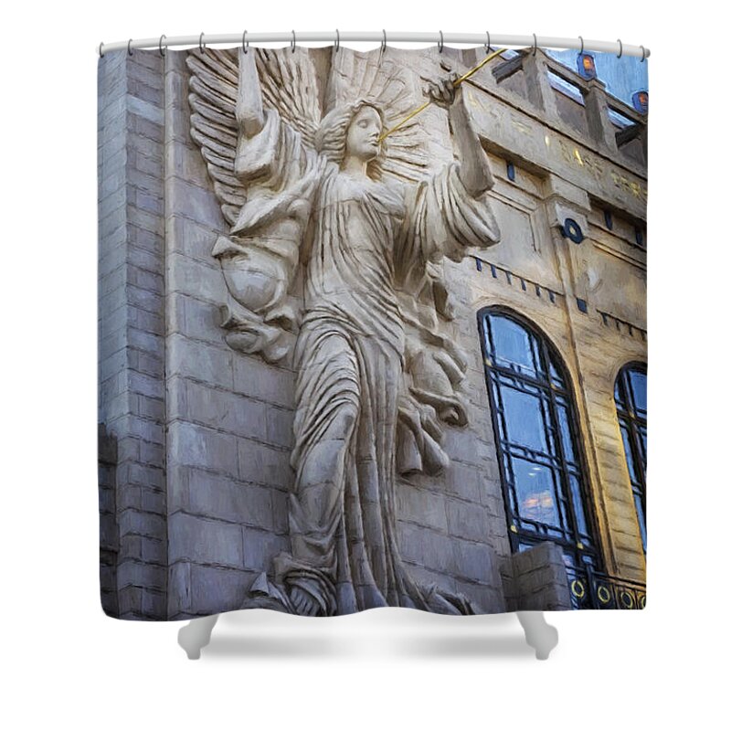 Joan Carroll Shower Curtain featuring the photograph Fort Worth Impressions Bass Hall Angel by Joan Carroll