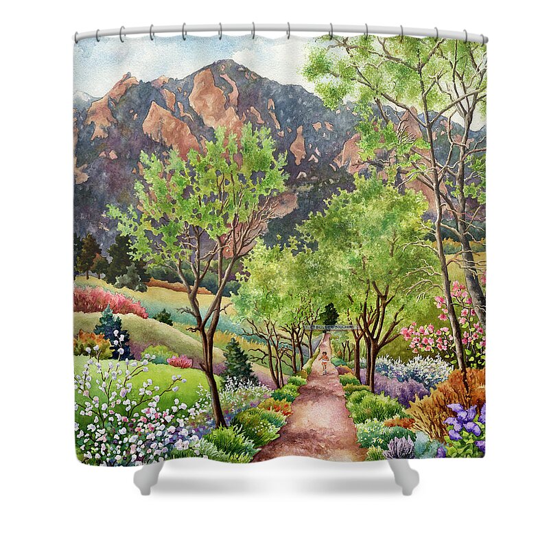 Bolder Boulder Poster Shower Curtain featuring the painting Forty Years Running by Anne Gifford