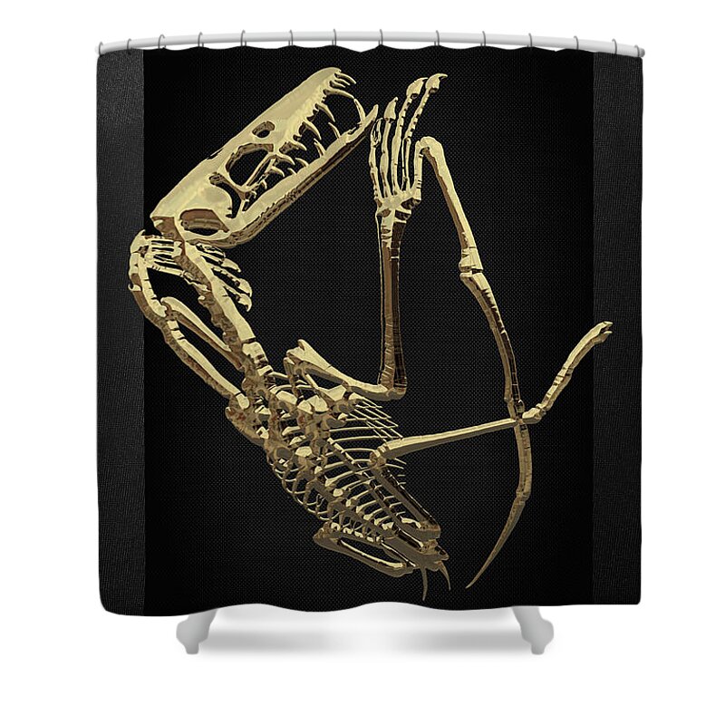 'fossil Record' Collection By Serge Averbukh Shower Curtain featuring the digital art Fossil Record - Gold Pterodactyl Fossil on Black Canvas #3 by Serge Averbukh