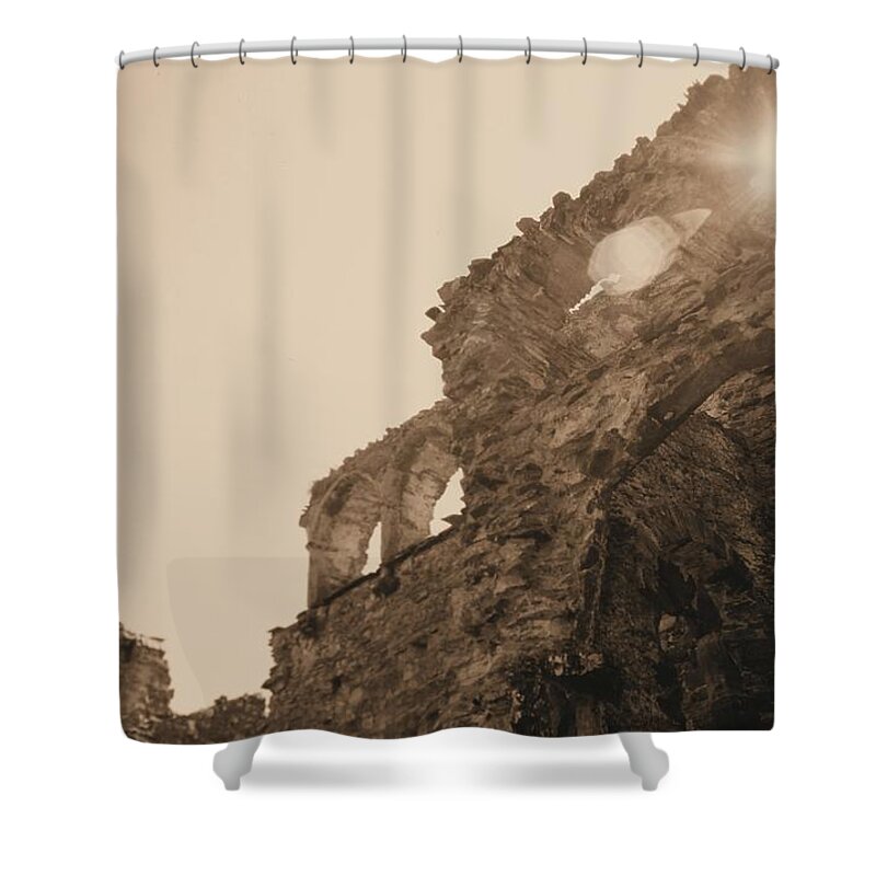 Fountains Fountain Abbey England Sepia Old Medieval Middle Ages Church Monastery Nun Nuns Architecture York Yorkshire Monasteries Aldfield Ruins Saint Century Black Death Claustral Building Cistercian Granges Cathedral Cloister Feudal Shower Curtain featuring the photograph Fountains Abbey #62 by Raymond Magnani