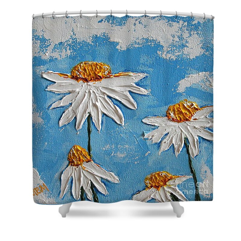 Daisy Shower Curtain featuring the painting Four Daisies by Mary Mirabal