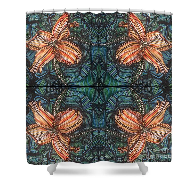 Orange Shower Curtain featuring the drawing Four Lilies Leaf to Leaf by Mastiff Studios