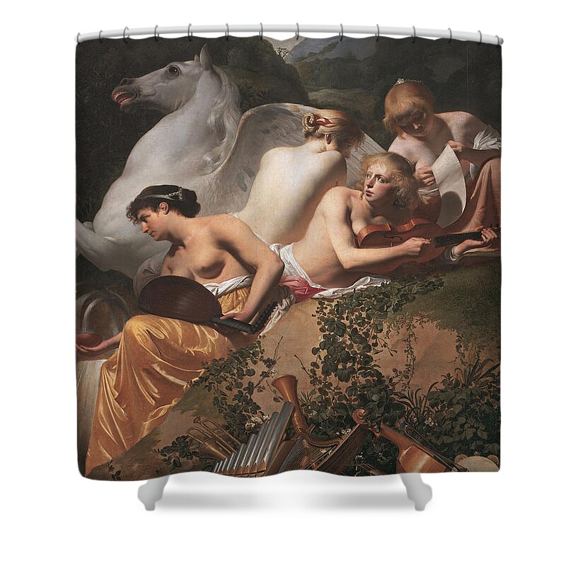 Caesar Van Everdingen Shower Curtain featuring the painting Four Muses and Pegasus by Caesar van Everdingen