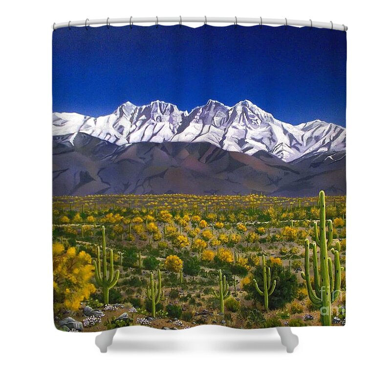 Arizona Shower Curtain featuring the painting Four Peaks by Jerry Bokowski