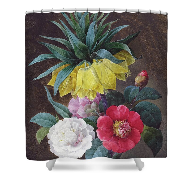 Pierre Joseph Redoute Shower Curtain featuring the painting Four Peonies and a Crown Imperial by Pierre Joseph Redoute