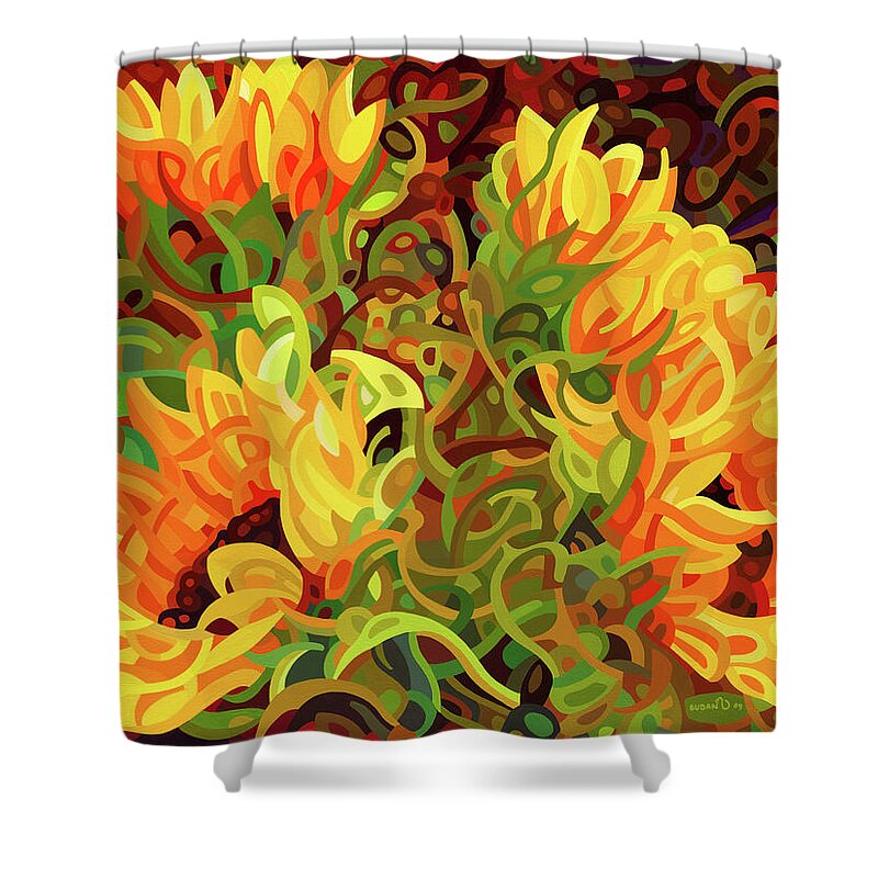 Fine Art Shower Curtain featuring the painting Four Sunflowers by Mandy Budan