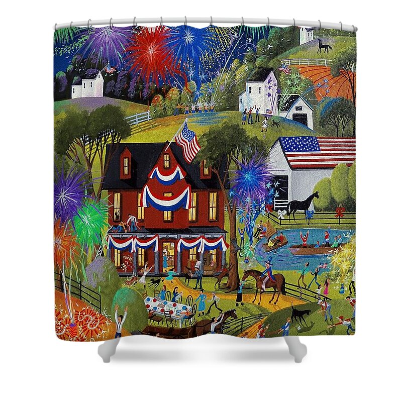 Farm Shower Curtain featuring the painting Fourth Of July - Fireworks on the farm by Debbie Criswell