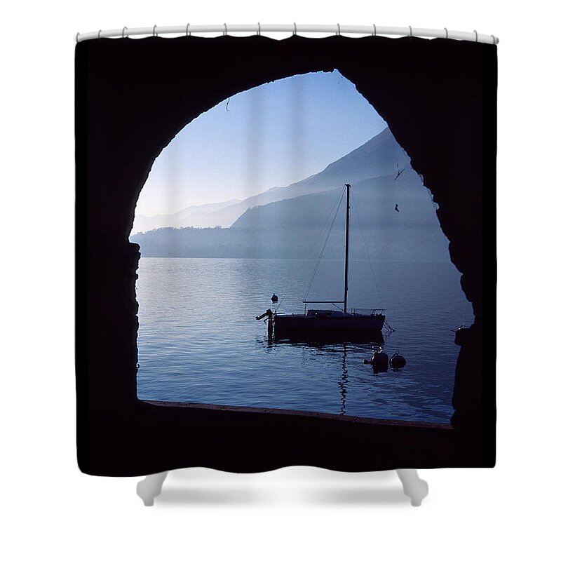 Varenna Shower Curtain featuring the photograph Framed blue lake by Riccardo Mottola
