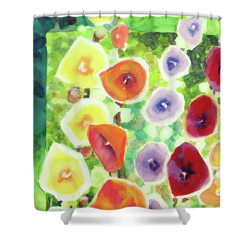 Painting Shower Curtain featuring the painting Framed in Hollyhocks by Kathy Braud