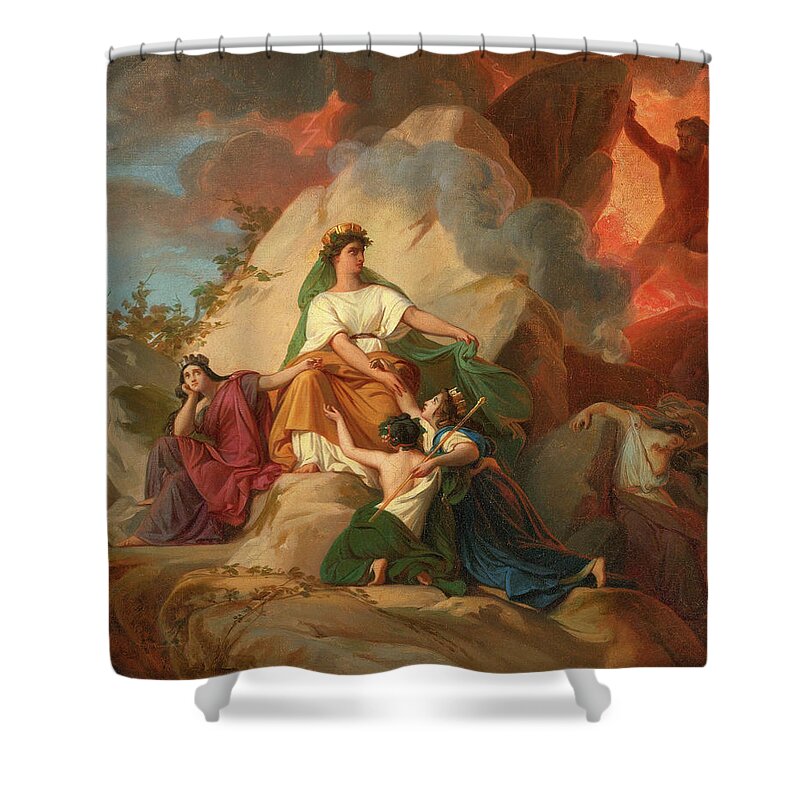 Francois-edouard Picot Shower Curtain featuring the painting Cybele opposing Vesuvius to protect the Cities of Stabia Herculaneum Pompeii by Francois-Edouard Picot