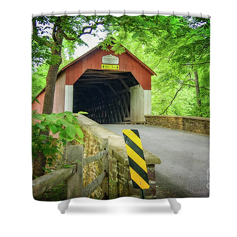 Summer Shower Curtain featuring the photograph Frankenfield Covered Bridge in Summer by Debra Fedchin